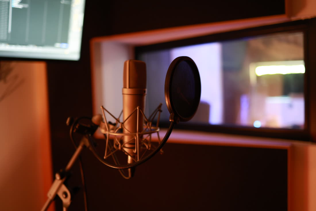 Condenser microphone and pop filter in the recording booth.